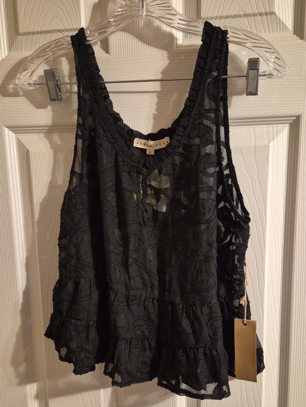 Black Ruffled Sheer Lace-Detail Camisole